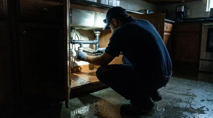 Plomero atendiendo una emergencia nocturna en Guayaquil